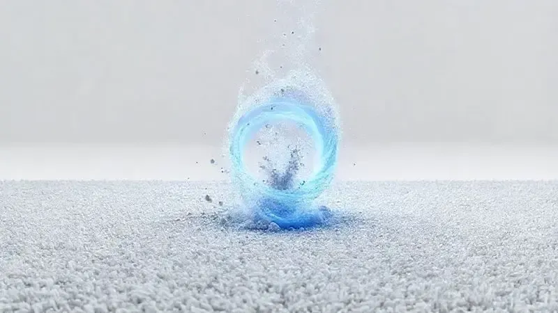Ilustração 3D conceitual demonstrando o alto poder de vácuo de um aspirador, extraindo sujeira profunda das fibras de um carpete.