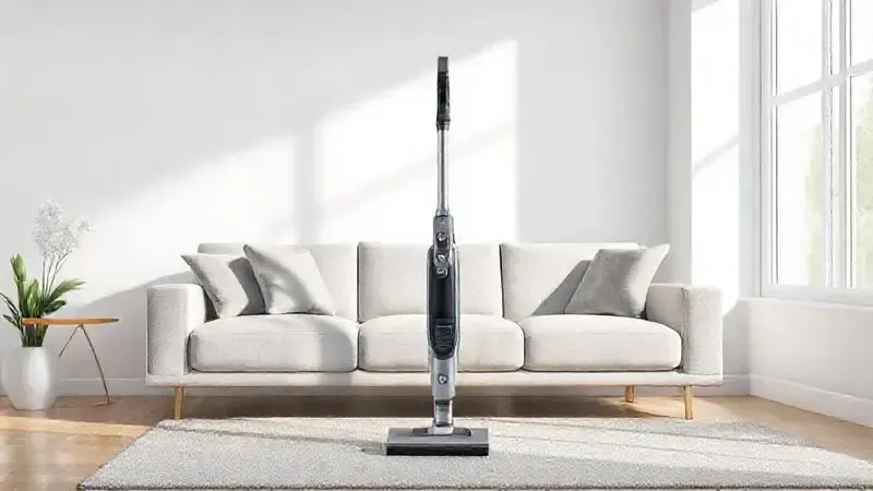 Ilustração de um aspirador de pó vertical genérico em uma sala de estar moderna, destacando a praticidade e as vantagens de seu uso no dia a dia.