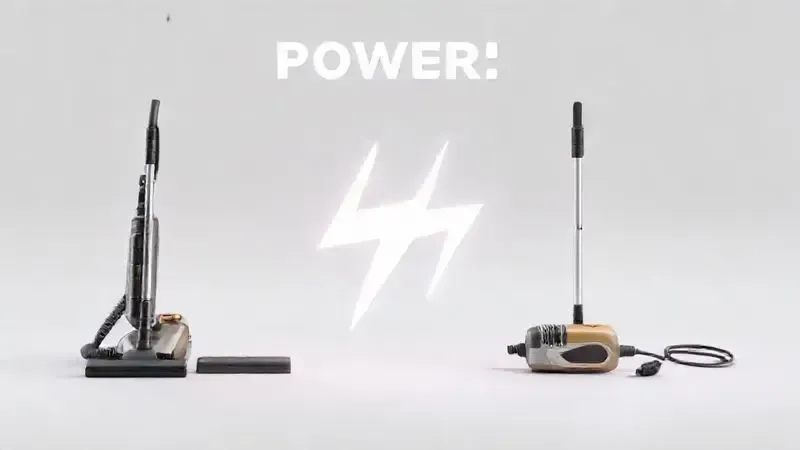Render 3D conceitual comparando a potência de um aspirador sem fio e um com fio, ambos ao lado de um símbolo de raio representando energia.