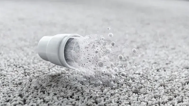 Render 3D artístico demonstrando o conceito de potência e capacidade de vácuo de um aspirador de pó, com partículas sendo sugadas.