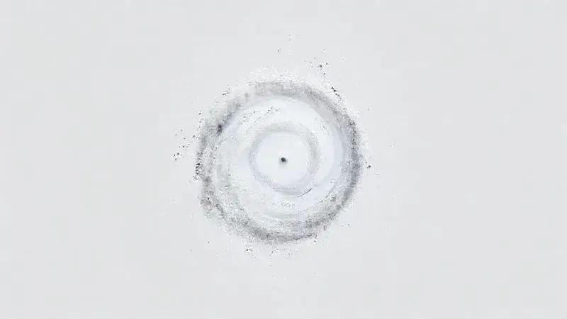 Render artístico simbolizando a alta potência e desempenho de sucção de um aspirador, com um vórtice de ar, poeira e água.