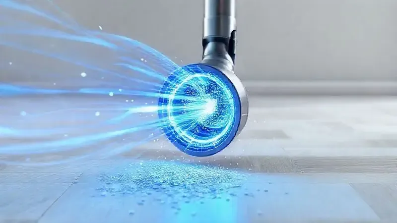 Render artístico demonstrando a potente sucção e a eficiência de limpeza de um aspirador de pó, com partículas sendo sugadas do piso.