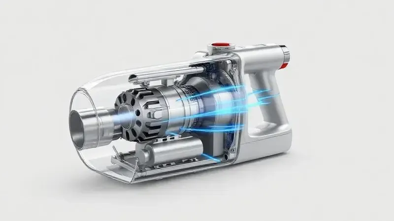 Ilustração 3D mostrando o motor e a potência de um aspirador automotivo portátil, representando suas especificações técnicas e poder de sucção.