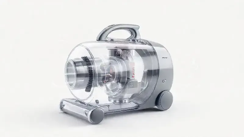 Ilustração 3D mostrando o fluxo de ar e medidores dentro de um aspirador, explicando a importância da potência ideal para a limpeza doméstica.
