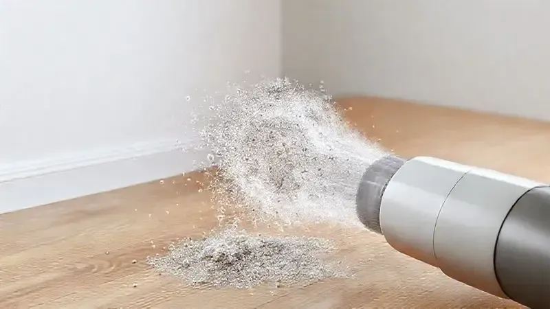 Render artístico que ilustra o conceito de alta potência e sucção, com um vórtice de ar levantando a sujeira de um piso de madeira.