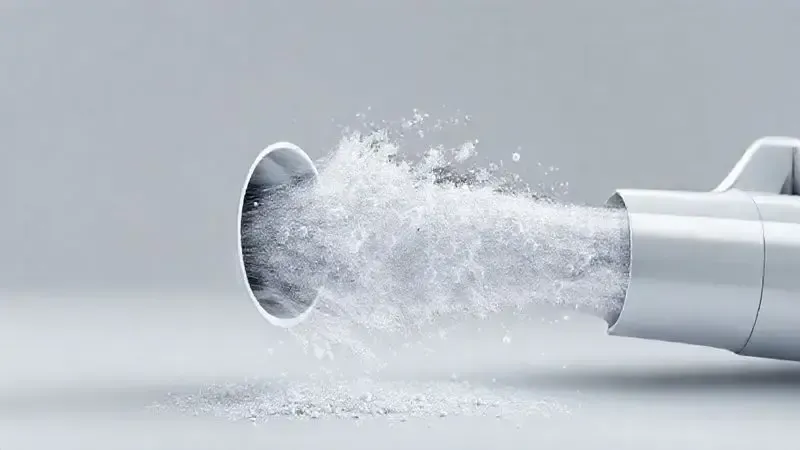 Ilustração conceitual do poder de sucção de um aspirador de pó, mostrando o fluxo de ar e a captura de partículas de poeira do chão.