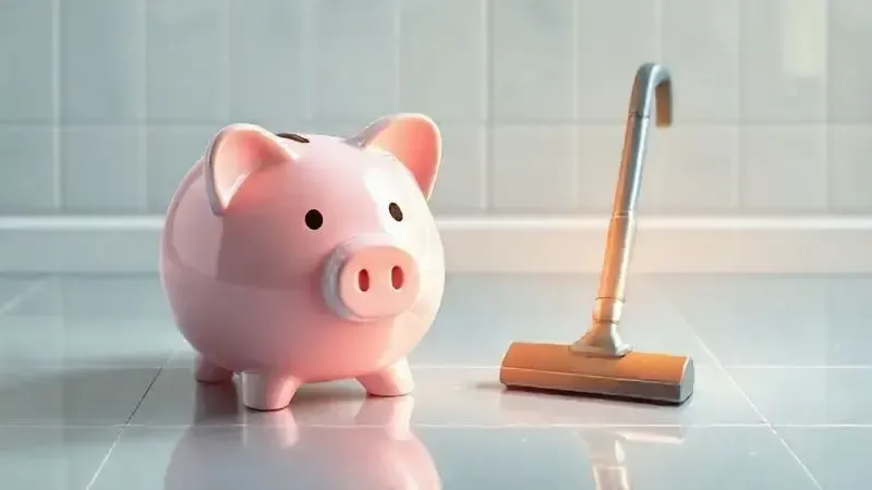 Render artístico de um cofrinho de porco ao lado de um ícone de aspirador, simbolizando o bom custo-benefício e a economia na limpeza.