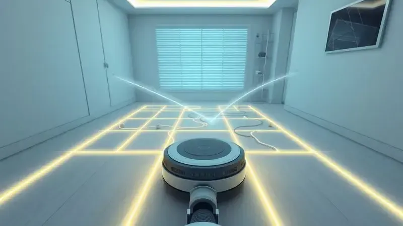 Visão conceitual do mapeamento de ambiente por robô aspirador evitando obstáculos com linhas de laser