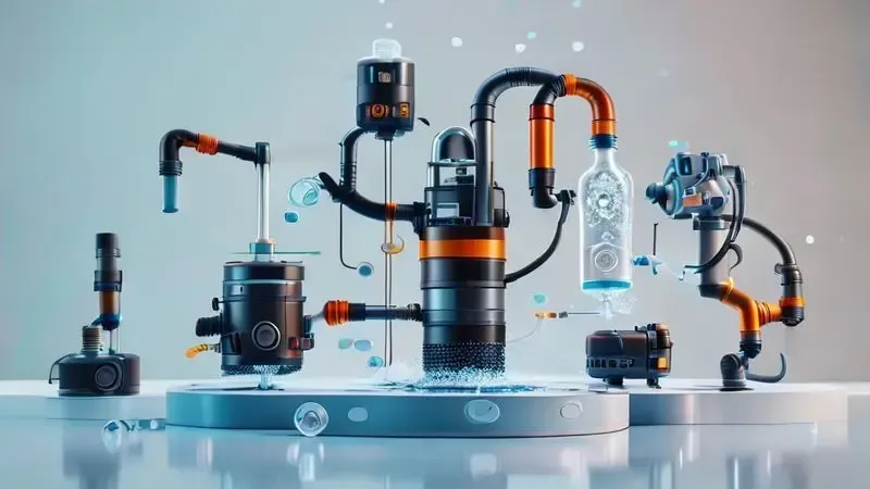 Ilustração conceitual do processo de montagem de aspirador de água com peças flutuantes e pontos de conexão destacados