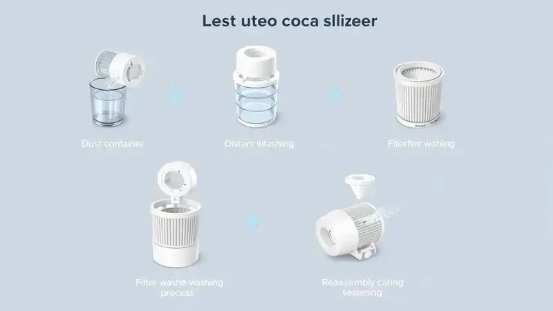 Ilustração conceitual do processo passo a passo para higienização de recipiente e filtros de aspirador.