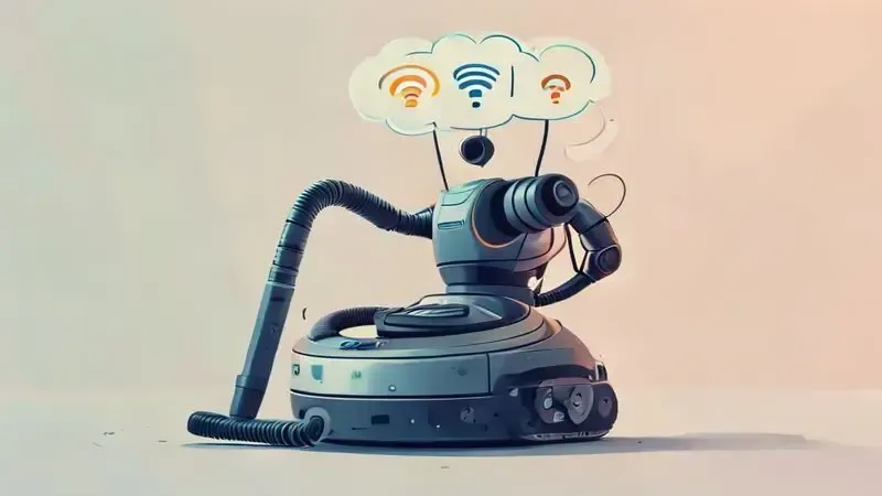 Aspirador robô com símbolos de problemas comuns que indicam necessidade de reset