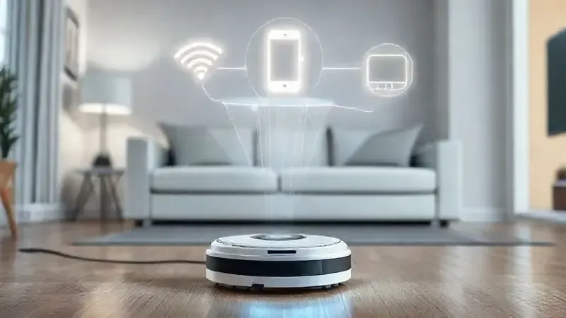 Ilustração 3D de um robô aspirador com ícones de Wi-Fi e smartphone, representando seus recursos de conectividade e controle por aplicativo.