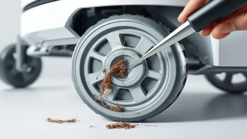 Ilustração conceitual da remoção de cabelos e obstruções das rodas e rodízios de robô aspirador