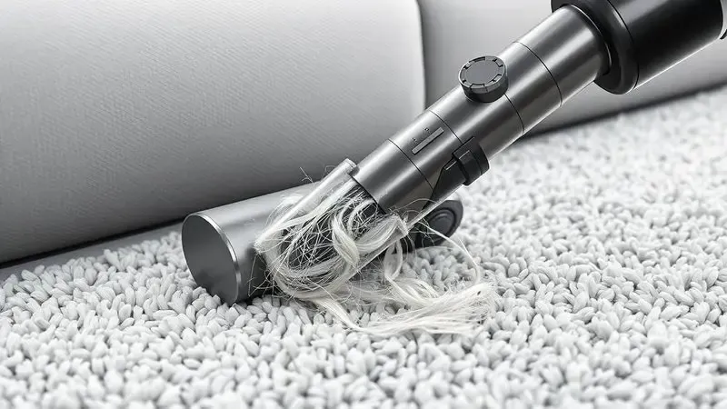 Técnica especializada para remover pelos incrustados de sofás e tapetes com acessório de aspirador.