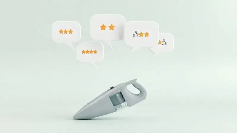Representação artística de avaliações de clientes sobre um aspirador automotivo, com ícones de estrelas e feedback positivo em balões de fala.