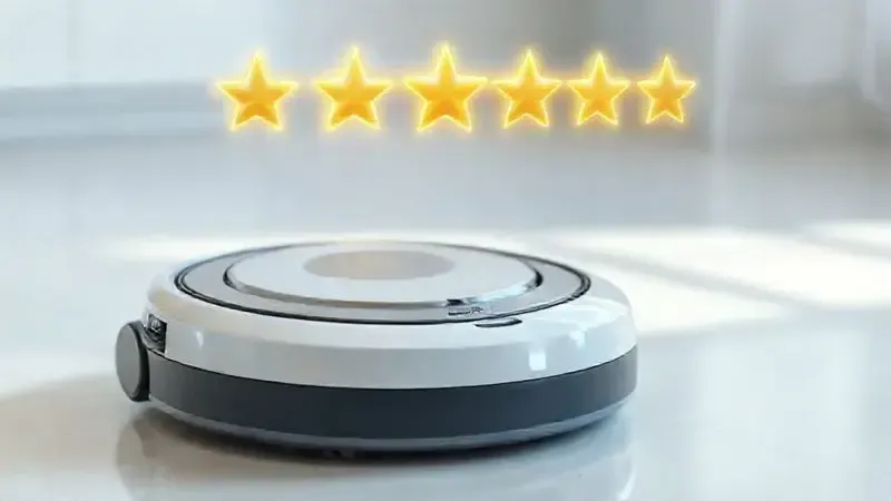 Ilustração de um robô aspirador com ícones de cinco estrelas flutuando, simbolizando as reviews e opiniões positivas de usuários sobre o produto.