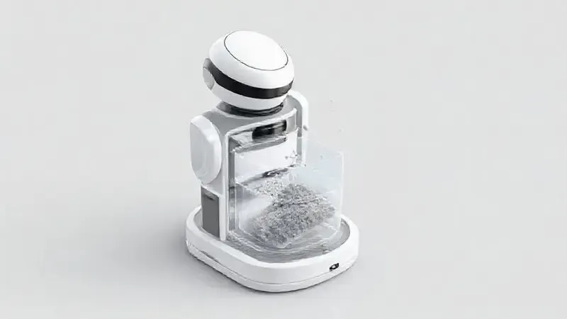 Render 3D conceitual de um robô aspirador com base de autolimpeza, mostrando o processo de esvaziamento automático do compartimento de poeira.
