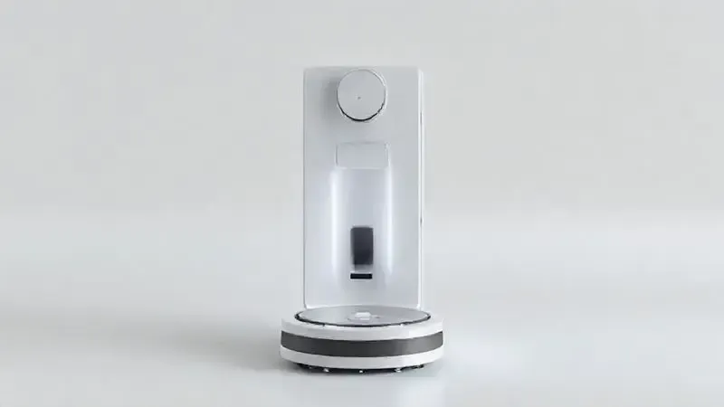 Render 3D de um robô aspirador conceitual se conectando a uma base de autolimpeza, ilustrando a tecnologia de esvaziamento automático.