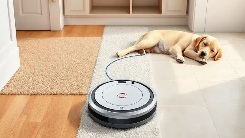 Ilustração artística da eficiência de um robô aspirador em diferentes tipos de piso e na remoção de pelos de animais de estimação.
