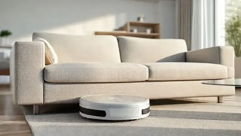Ilustração 3D de um robô aspirador de perfil baixo limpando eficientemente debaixo de um sofá, demonstrando seu design ultra slim.