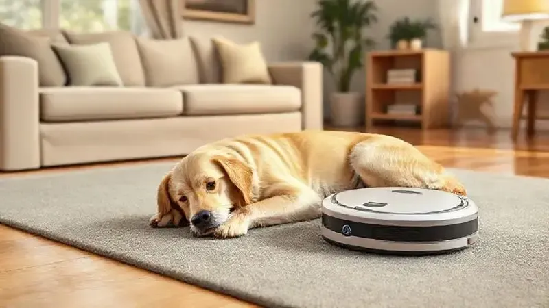 Ilustração 3D de um robô aspirador limpando o chão de uma sala de estar perto de um cachorro dormindo, mostrando a convivência harmoniosa com pets.