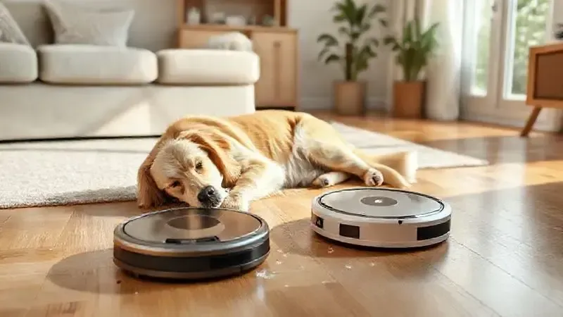 Render 3D de um robô aspirador limpando pelos de um cachorro que dorme tranquilamente, mostrando a convivência ideal com pets.