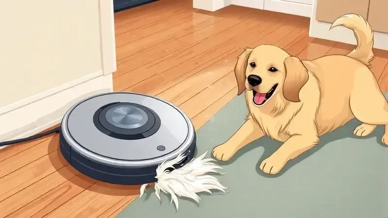 Ilustração de um robô aspirador limpando pelos de um cachorro, mostrando a eficácia dos modelos para quem tem pets.