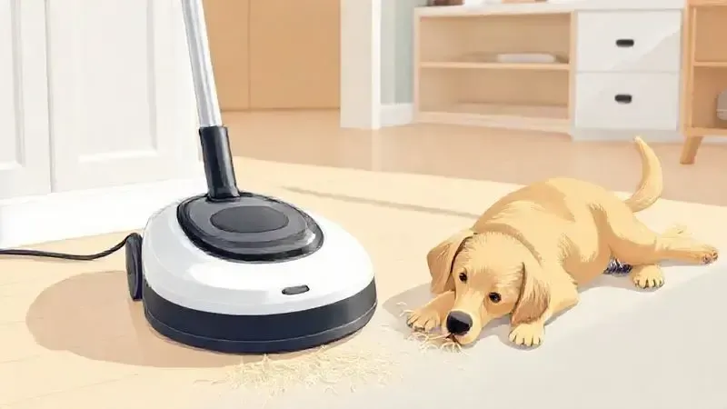 Ilustração de um robô aspirador limpando eficientemente pelos de animal de estimação do chão, com um cachorro ao fundo.