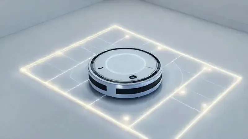 Ilustração 3D do sistema de navegação e mapeamento de um robô aspirador, mostrando a tecnologia de limpeza inteligente em ação.