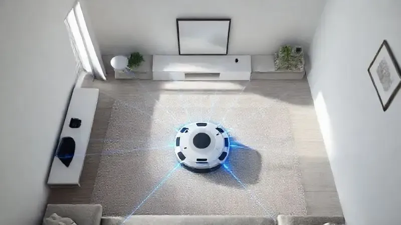 Ilustração conceitual de um robô aspirador usando sensores de navegação a laser para mapear uma sala e desviar de obstáculos.