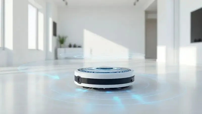 Ilustração conceitual de um robô aspirador utilizando tecnologia de navegação a laser e sensores anti-colisão para mapear um ambiente doméstico.