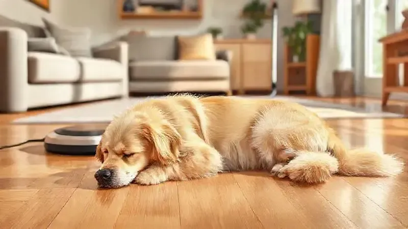 Ilustração de um robô aspirador limpando uma casa com um cachorro, ideal para donos de pets que se preocupam com pelos e limpeza.