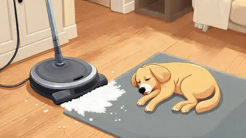 Ilustração de um robô aspirador limpando pelos de animal de estimação em uma casa com um cachorro dormindo tranquilamente, ideal para quem tem pet.