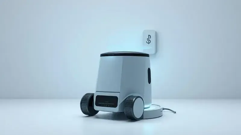 Robô aspirador retornando à base de carregamento com indicador visual de energia e autonomia da bateria