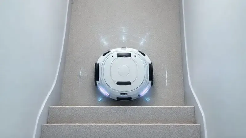Ilustração conceitual de um robô aspirador com sensor anti-queda, parando de forma segura na beirada de uma escada.