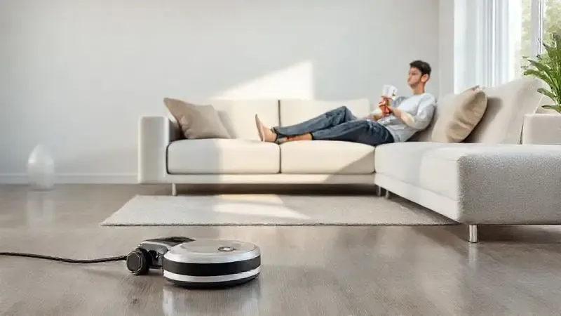 Ilustração conceitual de uma pessoa relaxando no sofá enquanto um robô aspirador limpa a sala, mostrando que o investimento vale a pena.