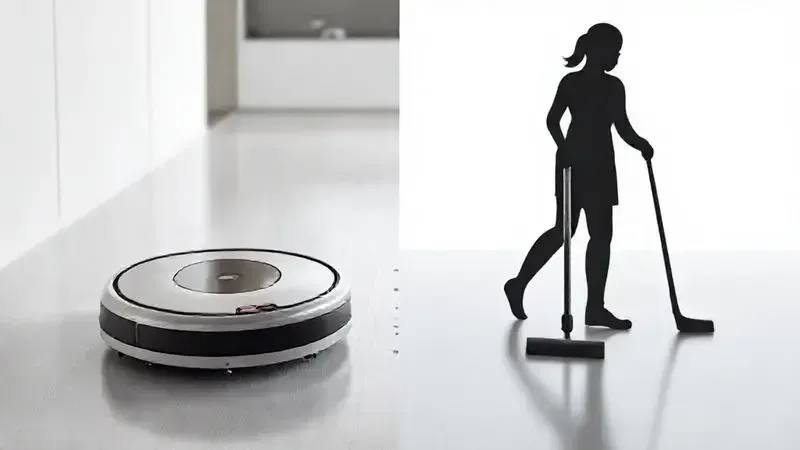 Render artístico conceitual comparando um robô aspirador autônomo e um aspirador de pó vertical, simbolizando a escolha entre os dois tipos.
