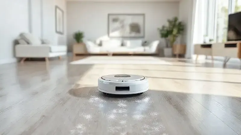 Render 3D de um robô aspirador limpando o piso de uma sala, ilustrando o veredito final sobre se a marca WAP é boa e eficiente.