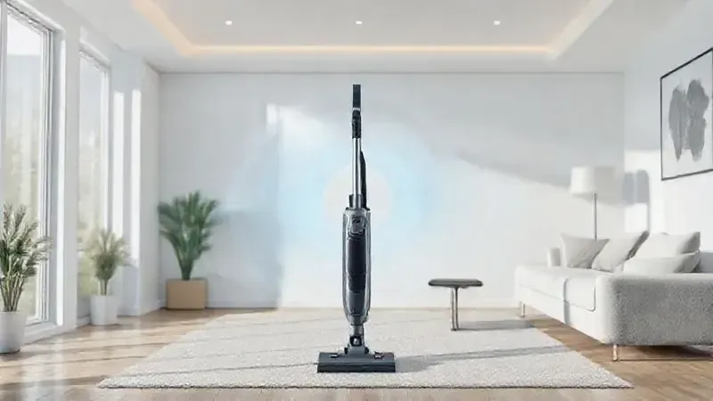 Render 3D artístico simbolizando o baixo ruído e conforto acústico de um aspirador de pó moderno em um ambiente de sala de estar.
