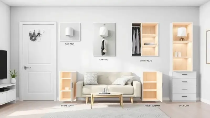 Ilustração conceitual mostrando sete locais diferentes para guardar aspirador em apartamento, incluindo ganchos, nichos e compartimentos.
