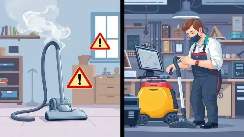 Cena ilustrativa mostrando sinais de defeito no motor de aspirador e diagnóstico técnico
