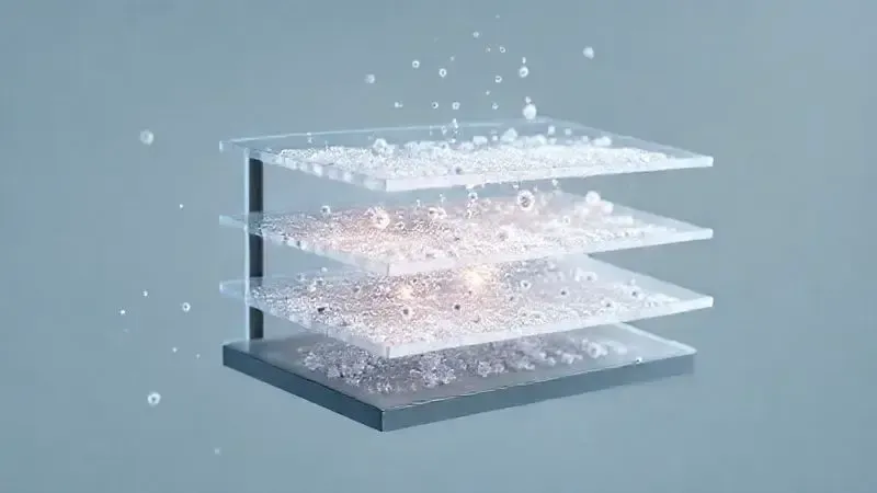 Renderização 3D artística de um sistema de filtragem de múltiplas camadas, mostrando partículas de poeira e alérgenos sendo capturadas.