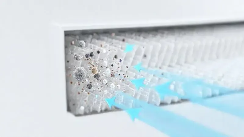 Ilustração 3D em close-up de um sistema de filtragem HEPA, mostrando a captura de partículas microscópicas de poeira e alérgenos.