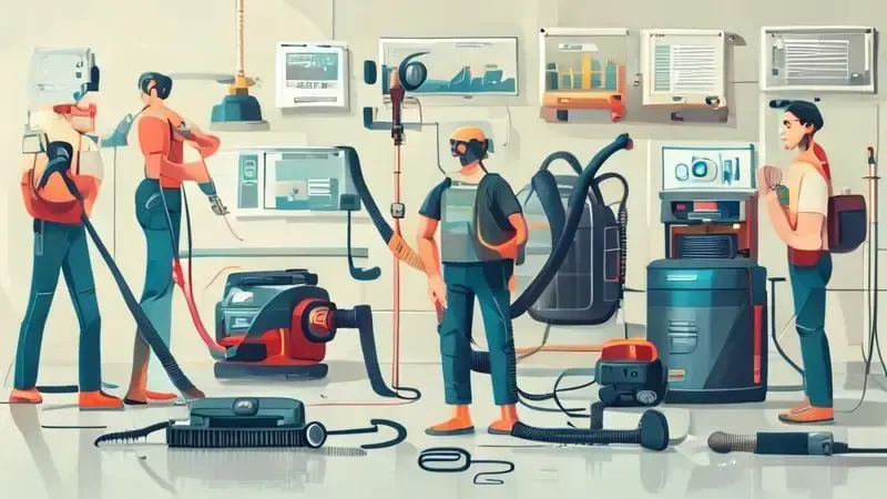 Ilustração conceitual mostrando cenários de solução de problemas comuns na montagem de aspirador de pó