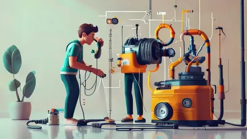 Cena conceitual de solução de problemas elétricos em aspirador de pó que não liga após montagem