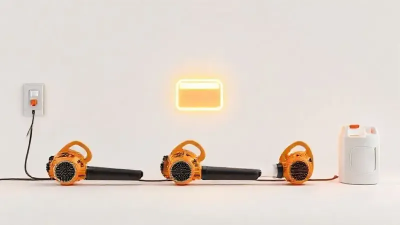 Comparativo visual entre sopradores de folhas elétricos, a bateria e a gasolina, mostrando suas fontes de energia.