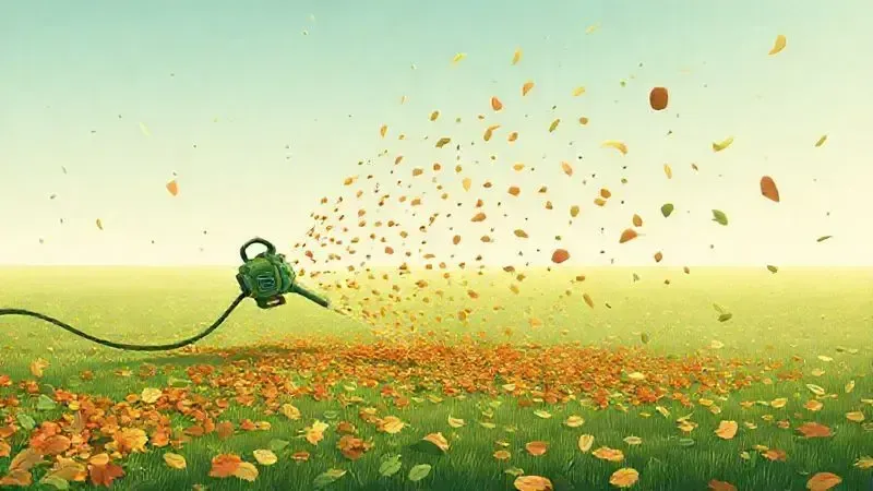 Ilustração de um soprador de folhas potente limpando um grande gramado com facilidade, simbolizando alta potência para terrenos amplos.