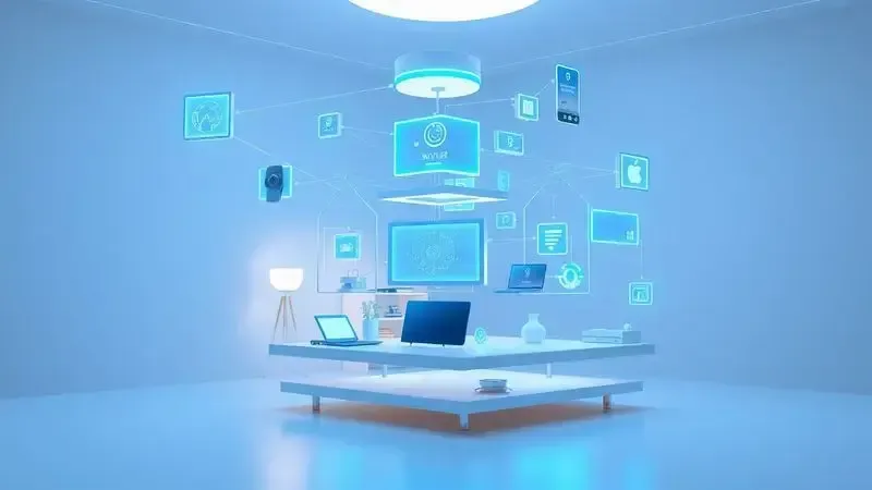 Conceito de casa inteligente com dispositivos tecnológicos interconectados em cena digital futurista