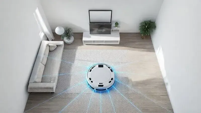 Render 3D de um robô aspirador usando tecnologia de mapeamento a laser para criar um mapa digital preciso de uma sala.