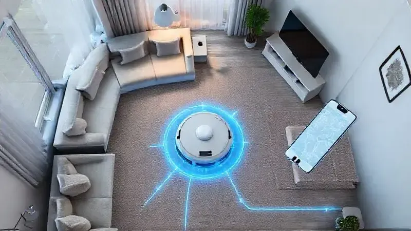 Ilustração 3D mostrando a tecnologia de mapeamento de um robô aspirador, com linhas de navegação e controle por aplicativo de smartphone.